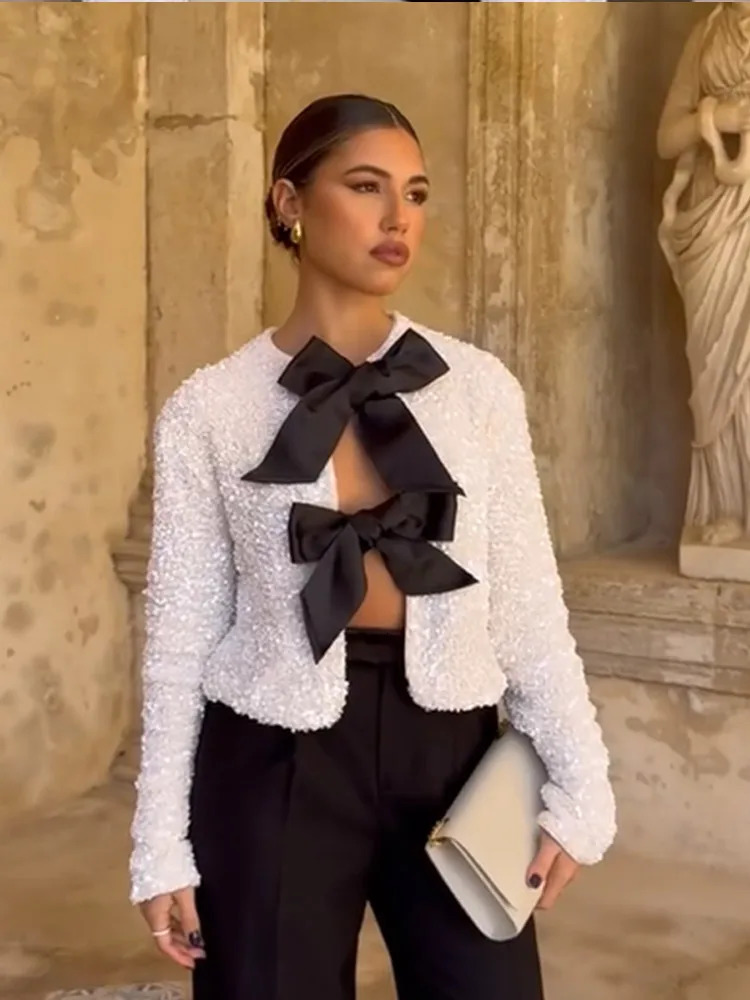 Fashion sequin bow lace womens jacket elegant O-neck long sleeved ultra-thin short jacket autumn womens fashion party streetwear 241125