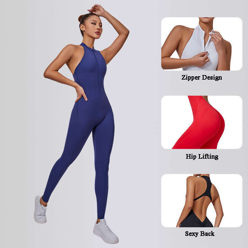 Sports Jumpsuit Fiess One-piece Suit Zipper Yoga Rompers Backless Sportswear Women Tracksuit Sleeveless Workout Bodysuit