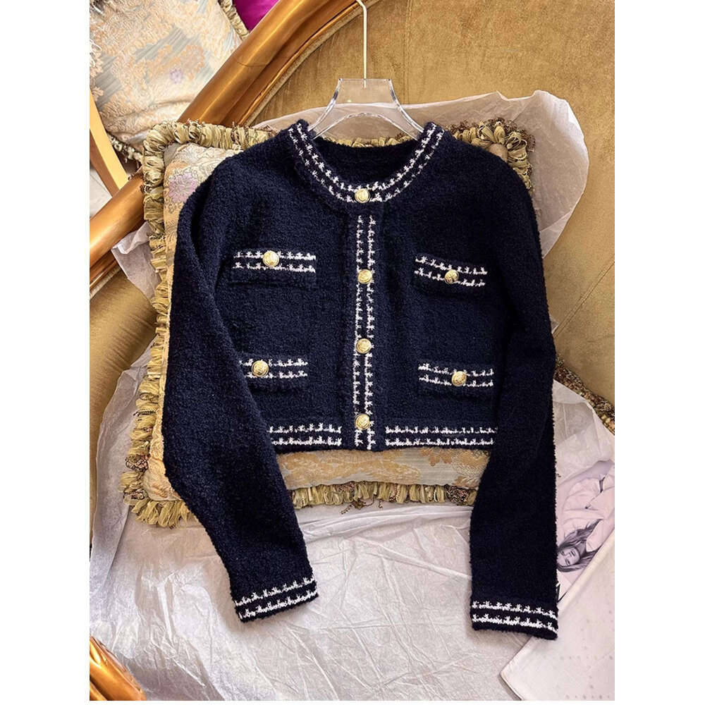 Free Shipping Navy Blue Short Cardigans Designer Metal Buttons Women's Knitting Jackets And Skirts Sets 317001