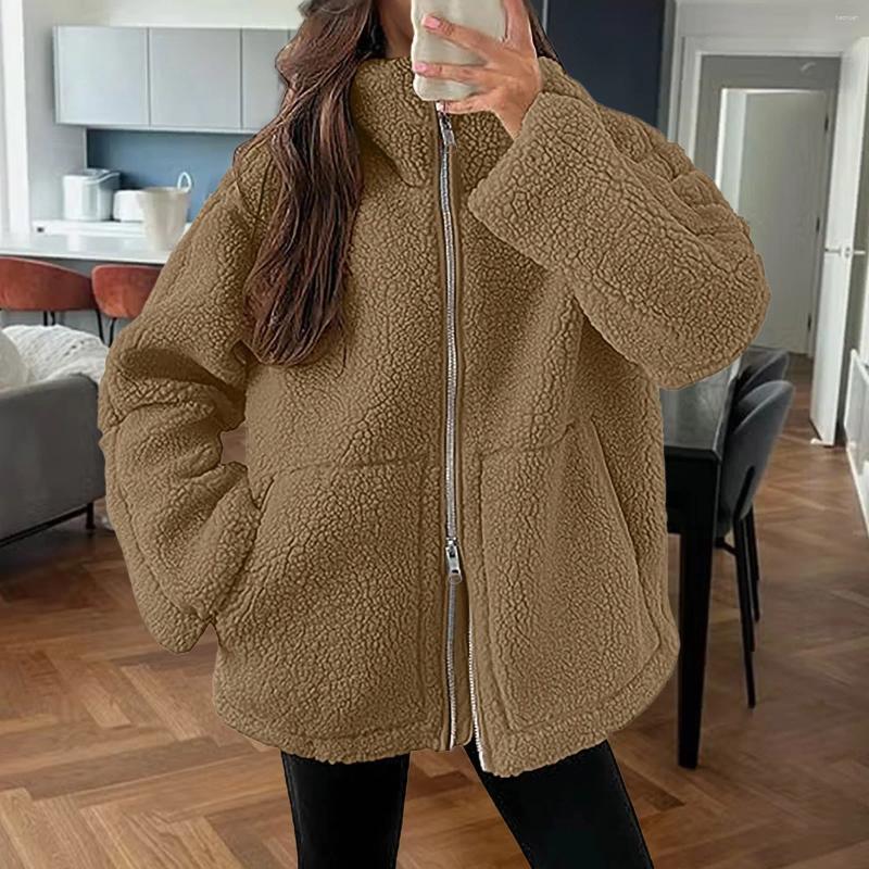 Women's Knits Fleece Women Outwears Coat Solid Color Warm Long Sleeve Stand Collar Loose Double Zip Lamb Wool Jackets Autumn Fashion