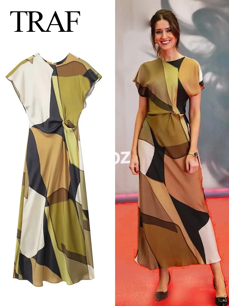 TRAF 2024 Summer Woman Fashion Vinatge Green Printed Long Dress A Line Sleeveless X Shape Midi Dresses For Indie Folk Style 240422