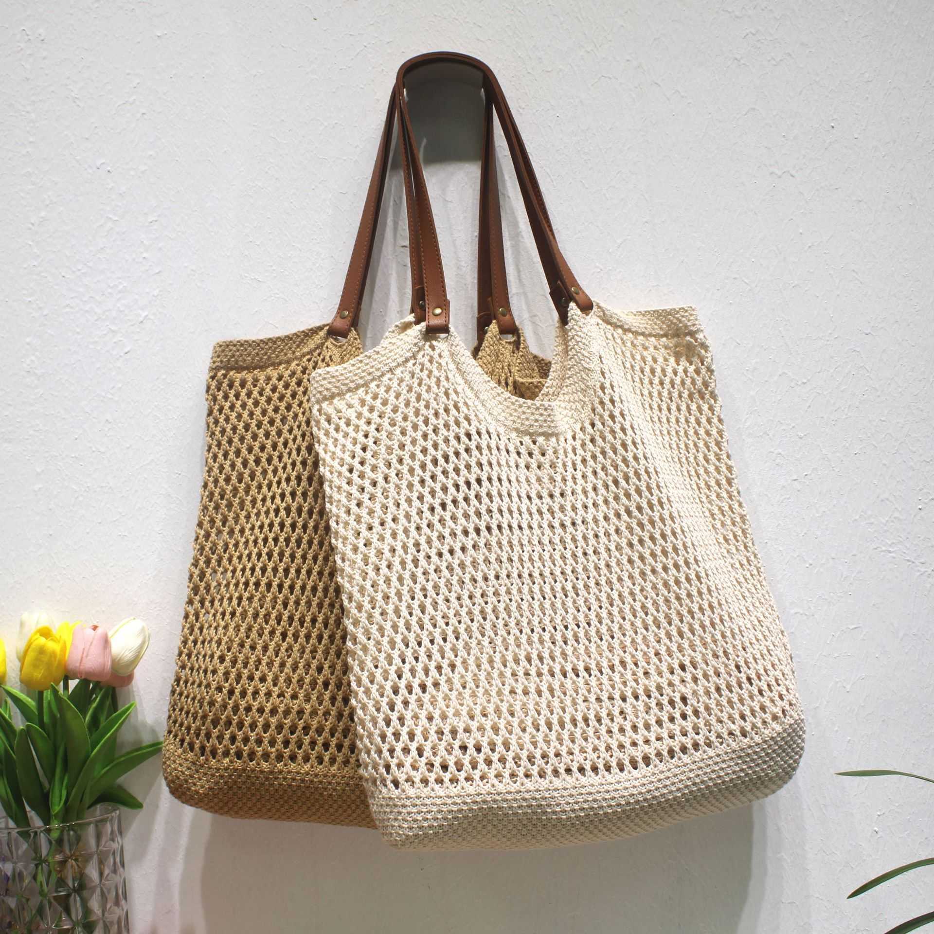 Leisure large capacity single shoulder cotton thread woven bag, new hollow mesh tote bag, beach vacation beach bag, women's bag