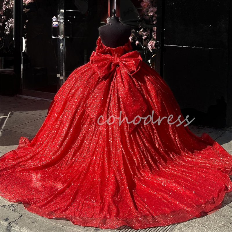 Gorgeous Red Quinceanera Dresses Charro Off Shoulders Shine Sequin Vestidos De Xv 15 Anos Corset Bow Birthday Party Sparkly Shine Ballkleider Sweet 16