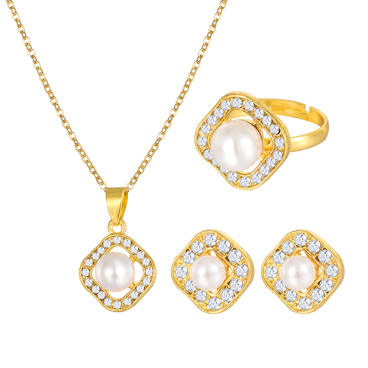 Diamond-set square pearl earrings ring necklace 3-piece set of cross-border fashion in Europe and the United States new creative senior design sense