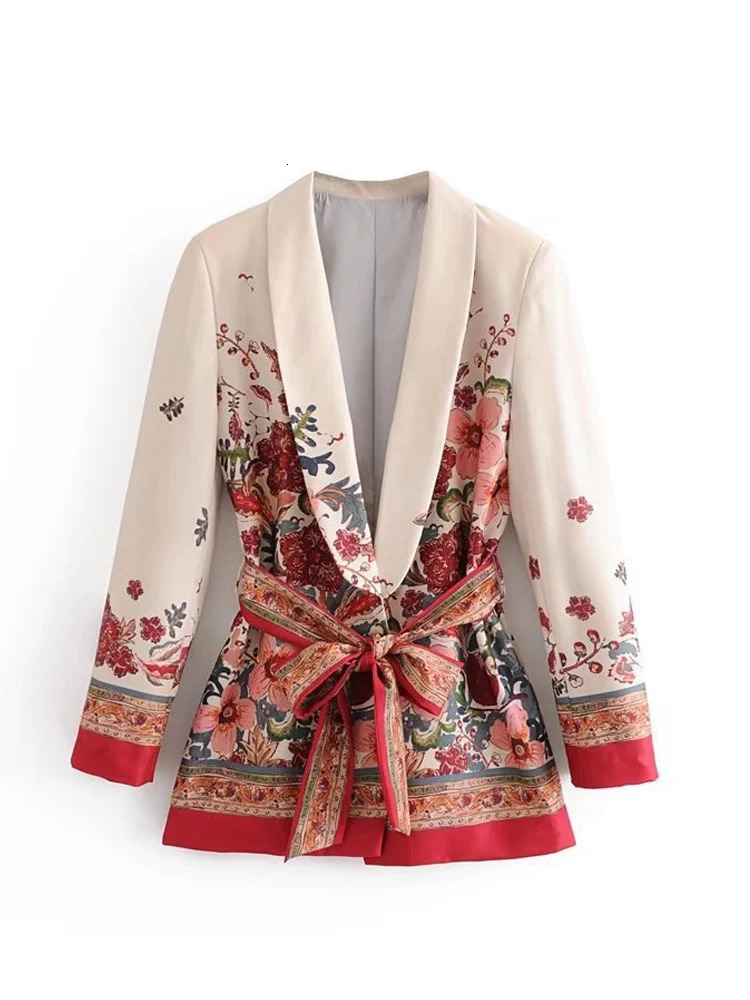 Floral Printed Suit Pant Sets Woman 2 Pieces Retro Flower Blazer Suits Office Ladies Lace Up Coat Loose Pants Outfits 240423