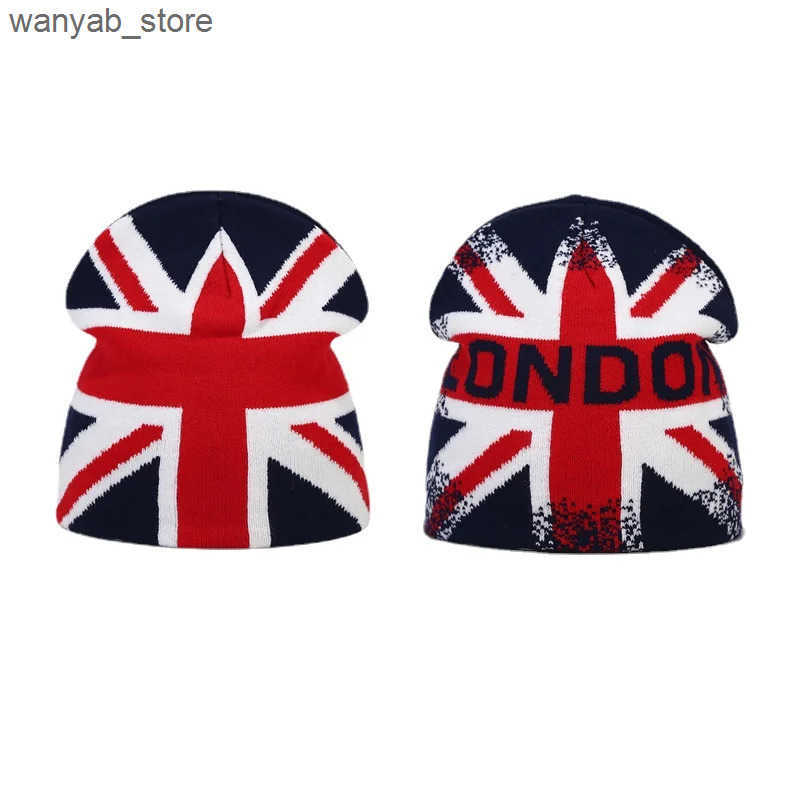 Beanie/Skull Caps Fashionable British Flag Printed Winter Beanies Hat Womens Bicycle Skiing Hat Autumn Outdoor Knitted Hat Womens Warm Glasses L240910