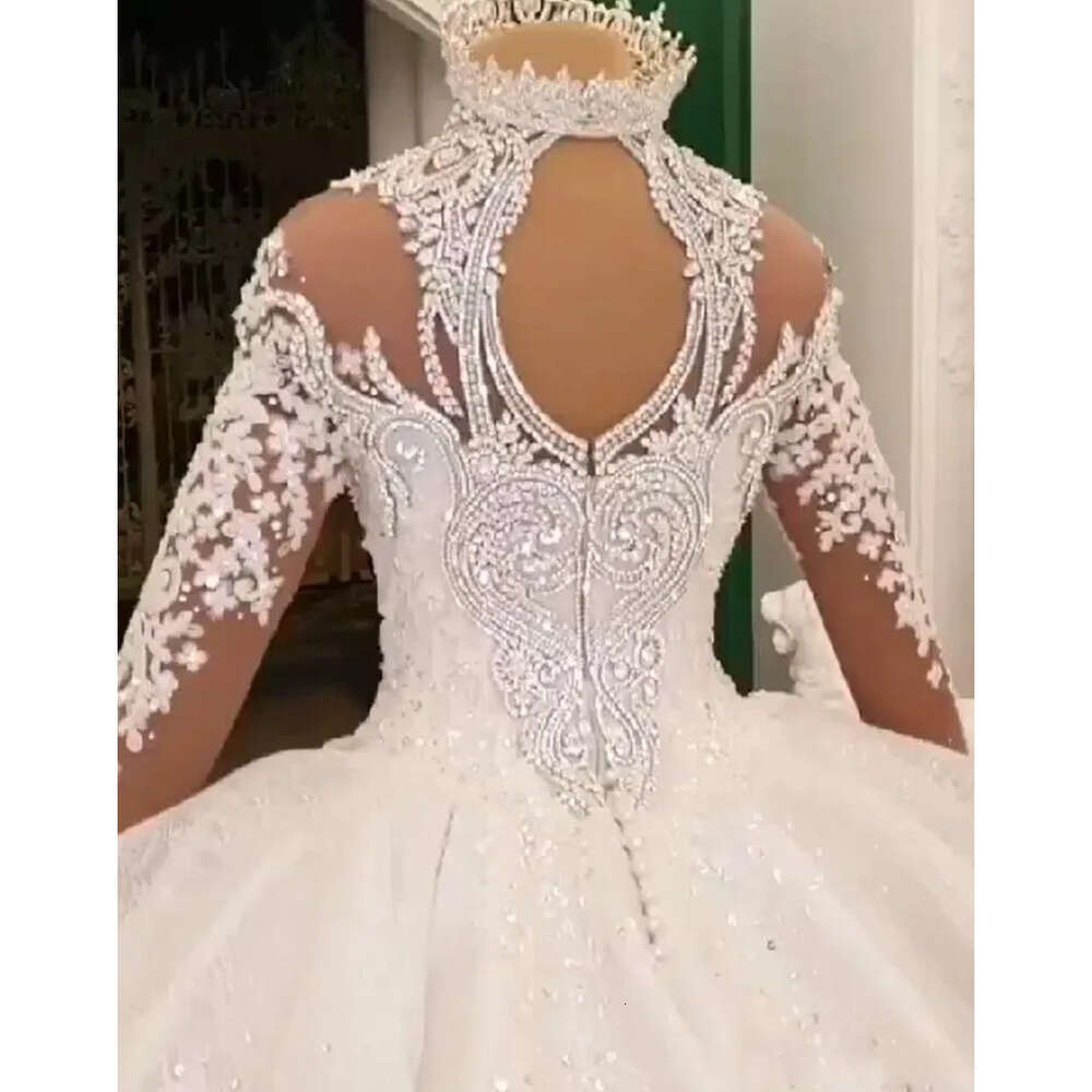 Dubai Applique Beaded Crystal Lace Ball Gown Wedding High Neck Sheer Long Sleeve Hollow Back Vestido De Noiva Bride Dress