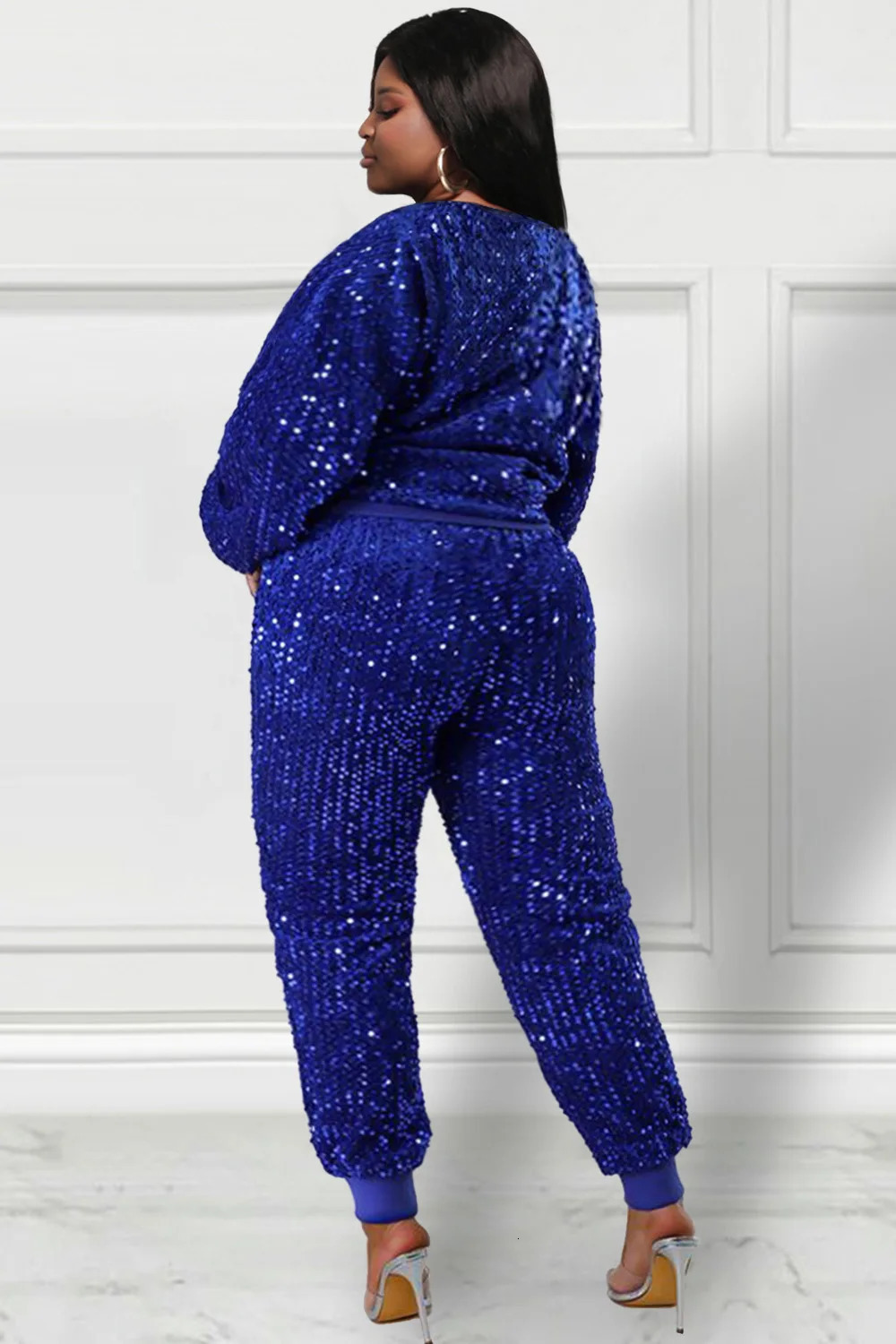 Plus size party pants set Royal Blue long autumn winter crew collar long sleeved sequined two-piece pants set 241127