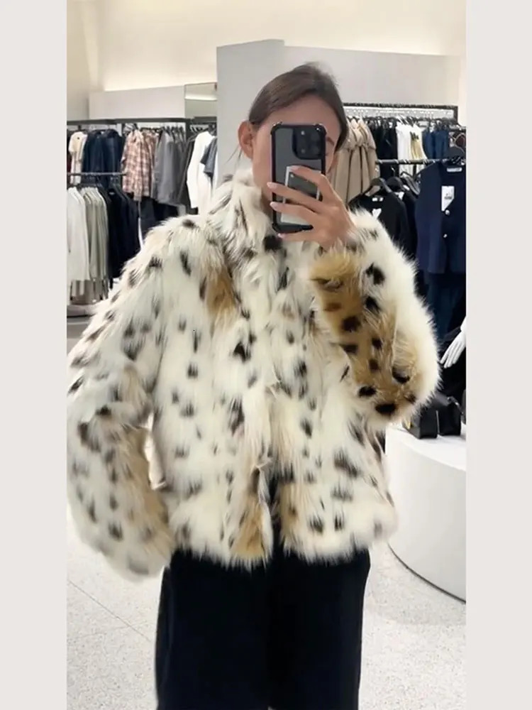 Fashion Printed Women Fluffy Faux Fur Coats Elegant Stand Collar Long Sleeve Short Jackets Winter Lady High Street Warm Outwear 241121Z