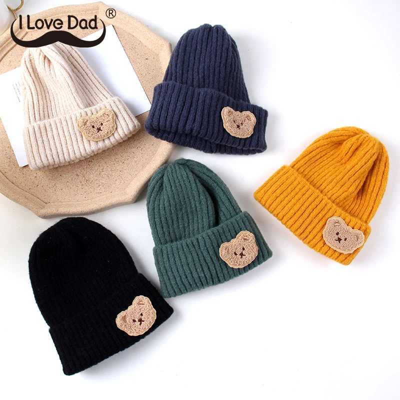 Caps Hats Korean Bear Baby Knit Hat Autumn Winter Warm Toddler Cap for Boy Girl Beanies Cute Solid Color Cartoon Kids Knitted Hats H241128
