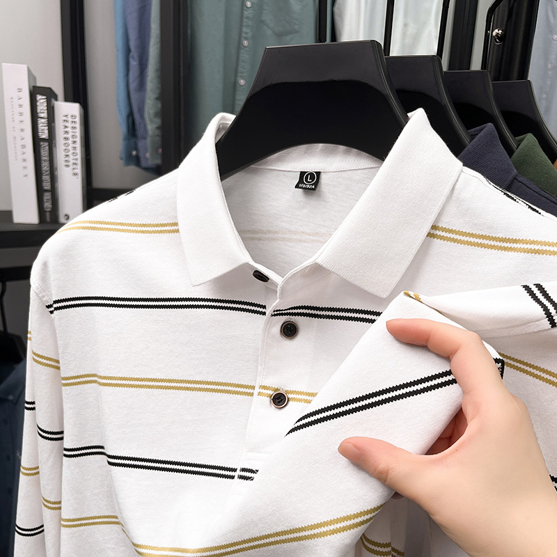 Cotton Men's Long-sleeved T-shirt Spring Autumn Casual Lapel Striped Polo Shirt Loose Washed Bottoming Tshirt Plus Size XXXL Tops Tees