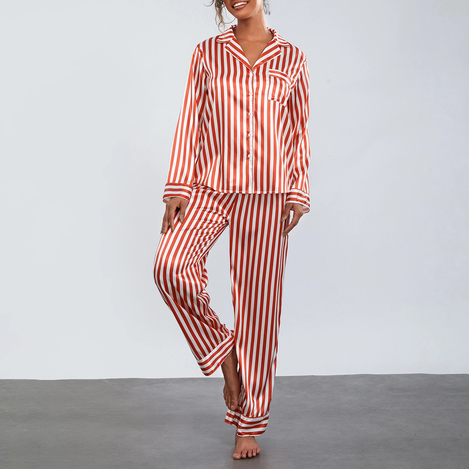 2024 Women Christmas Pajama Sets Striped Long Sleeve Satin Button Shirts with Wide Leg Long Pants Nightwear Sleepwear Loungewear 241127