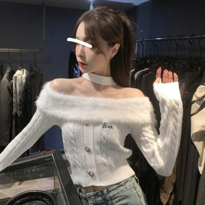 Autumn Winter Y2k Aesthetic Fluffy Sweater Slash Neck Off Shoulder Elegant Halter Crop Top Vintage Casual Fashion Pullover Women 241127