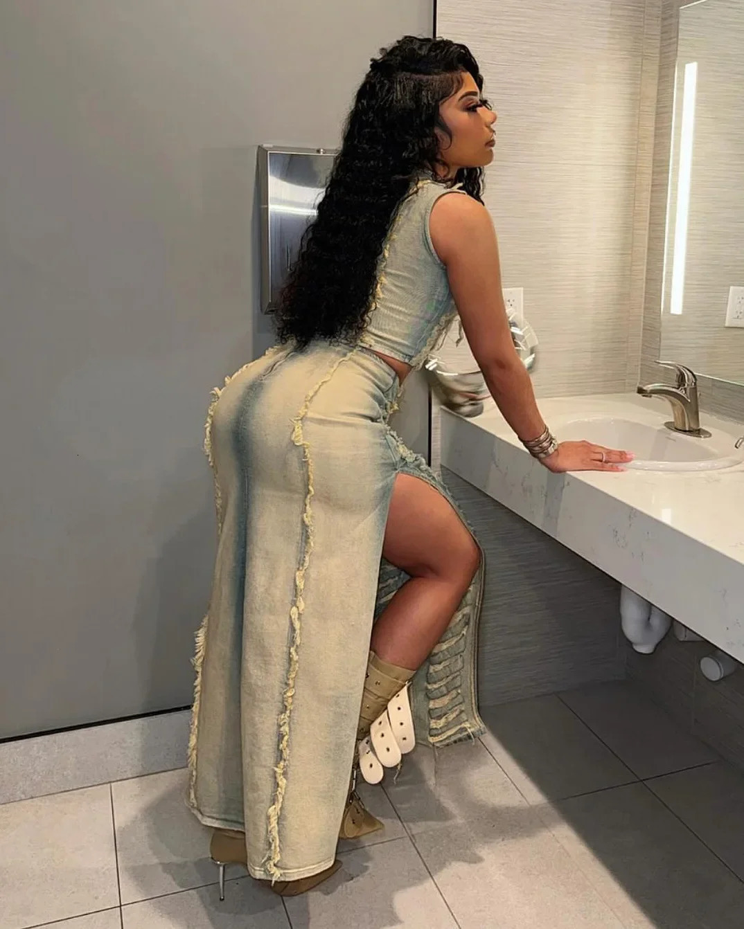 DRC Women Hollow Ripped Hipster Vintage Tank TopsLong Skirts Streetwear Matching Outfits Denim Sexy Hollow 2 Piece Set 241127