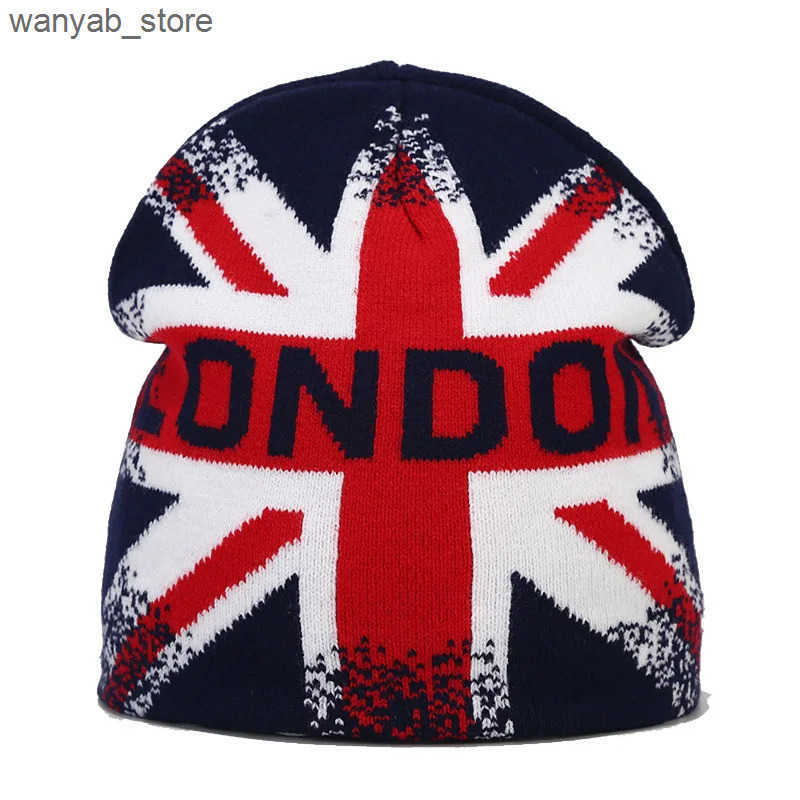 Beanie/Skull Caps Fashionable British Flag Printed Winter Beanies Hat Womens Bicycle Skiing Hat Autumn Outdoor Knitted Hat Womens Warm Glasses L240910