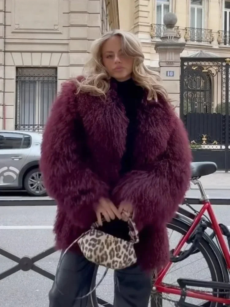 2024 Fashion Wine Burgundy Furry Faux Fur Warm Womens Coats Thicken Fluffy Plush Loose Trendy Jacket Winter Lady Outerwear 241121Z