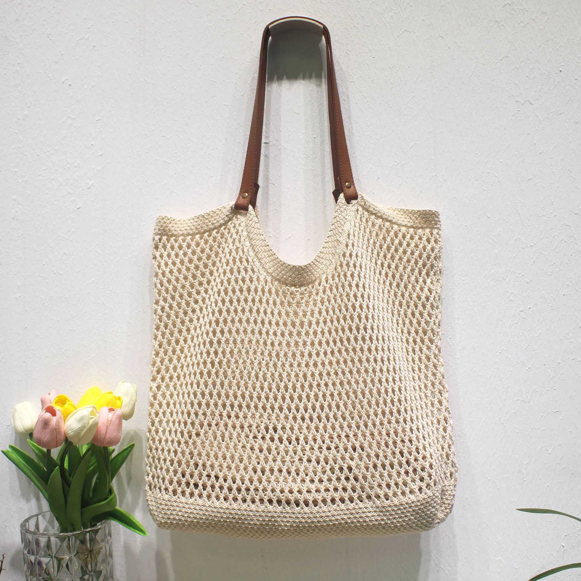 Leisure large capacity single shoulder cotton thread woven bag, new hollow mesh tote bag, beach vacation beach bag, women's bag