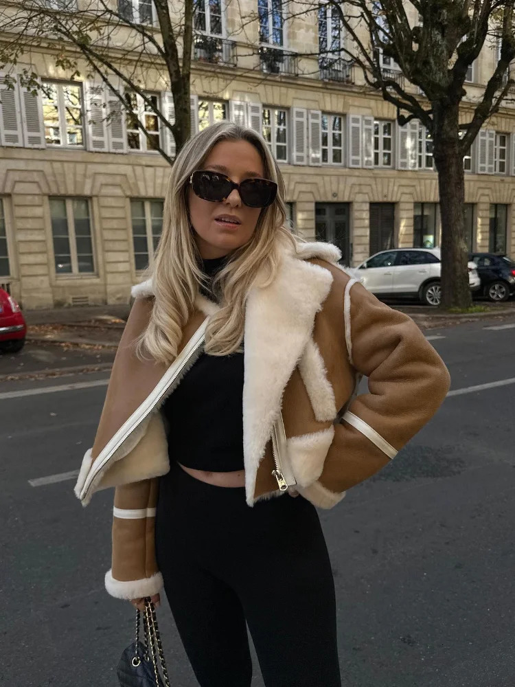 Elegant womens soft fur patch work suede coat fashionable lapel zipper cutting jacket autumn and winter womens warm commuting street jacket 241128