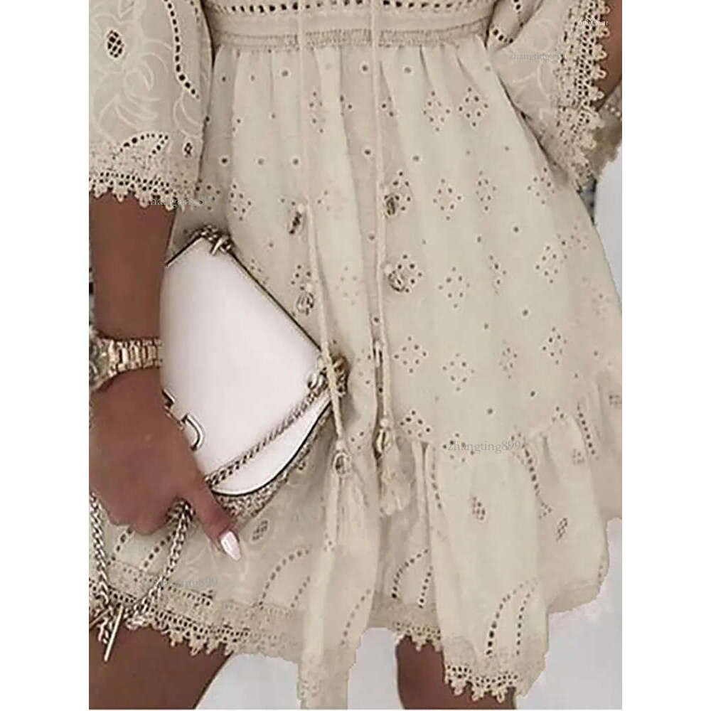 Casual Dresses White Lace Dress Women V Neck Up Female Patchwork Three Quarter Sleeve Vacation Beach Ladies A-line Party