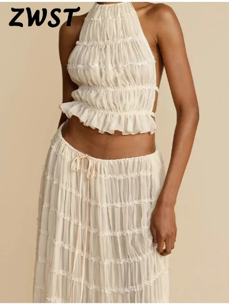 Sexy Folds Halter Top Skirt Sets Women Fashion Spring Summer Beach Backless Sling High Waist Skirts Female 2 Piece 240423