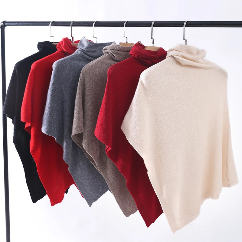 100%Pure Wool Knitted Cloak Pullover For Women Autumn Bat Sleeve Irregular Cashmere Poncho Turtleneck Pullover 241128