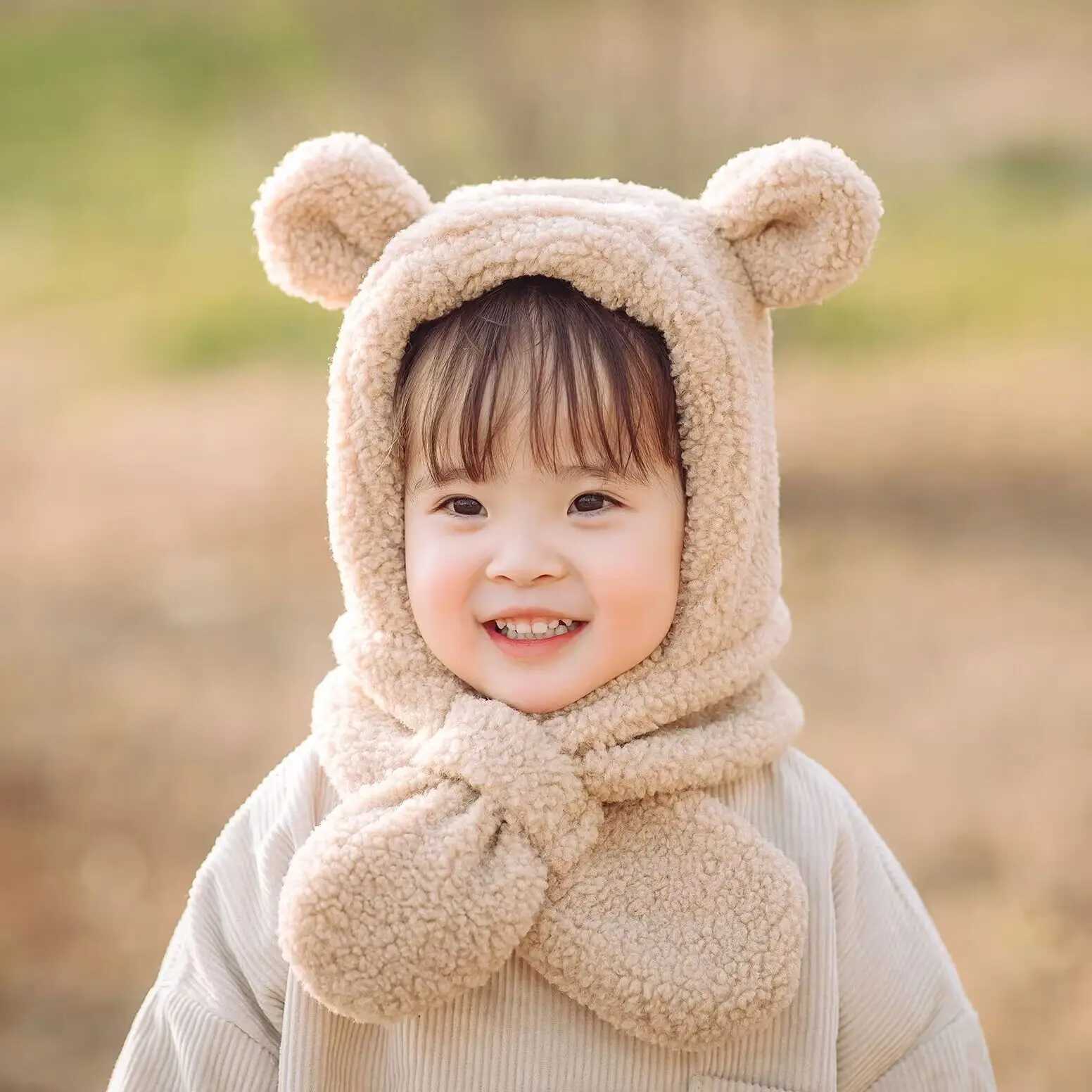 Caps Hats Lamb Fleece Ear Protection Cap For Kids Cute Hooded Hat Winter Boys Girls Windproof Warm Plush Beanie Baby One Piece Scarf Cap H241128