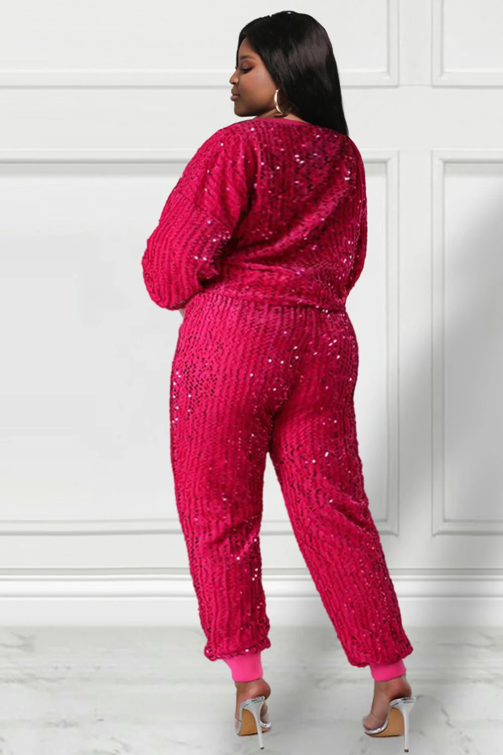 Plus size party pants set Royal Blue long autumn winter crew collar long sleeved sequined two-piece pants set 241127