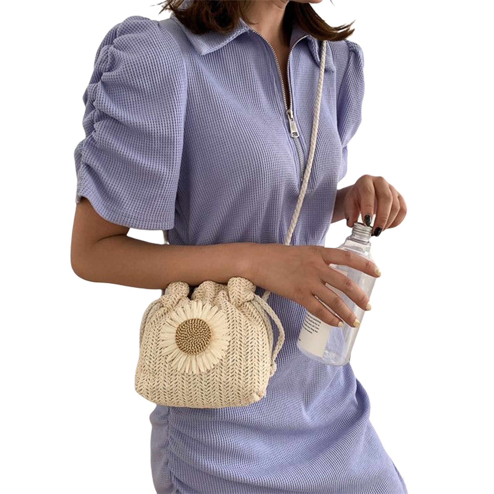 New shoulder bag woven bucket bag summer woven women's beach drawstring designer handbag trendy shoulder bag