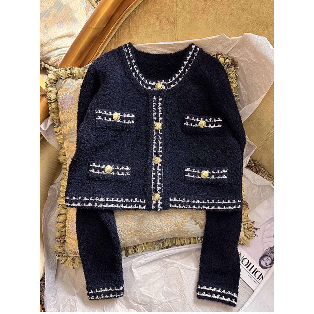 Free Shipping Navy Blue Short Cardigans Designer Metal Buttons Women's Knitting Jackets And Skirts Sets 317001