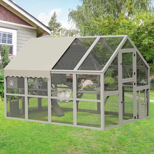 YITAHOME Extra Large Catio Outdoor Enclosure, 110 inch Outside Cattery with Weatherproof Roof, Scratcher Ramp, Cat Space Capsule Bed, Bridges, 2 Resti