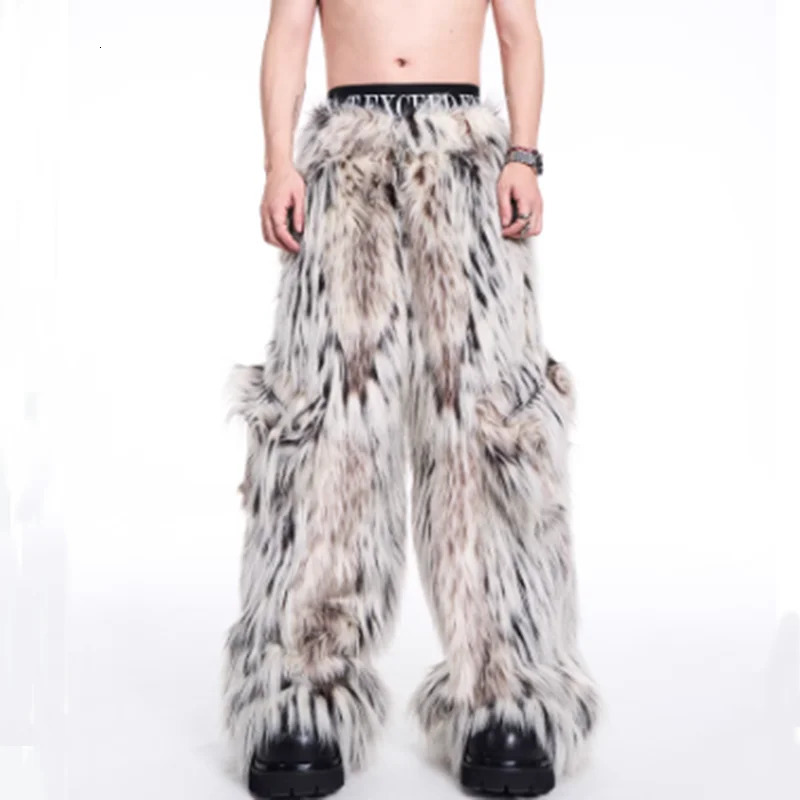 FEWQ 2024 Winter Men Two-piece Niche Fur Plush Long Sleeved Coats Large Pocket Decoration Casual Trousers Mens Suit 24E5008 241127