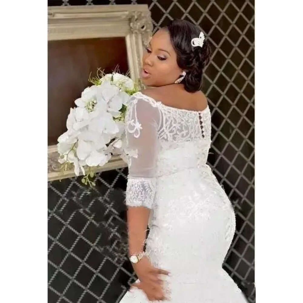Plus African Country Dresses Wedding Size Half Sleeve Lace Appliques Off Shoulder Mermaid Bridal Gowns Covereed Button Custom Made