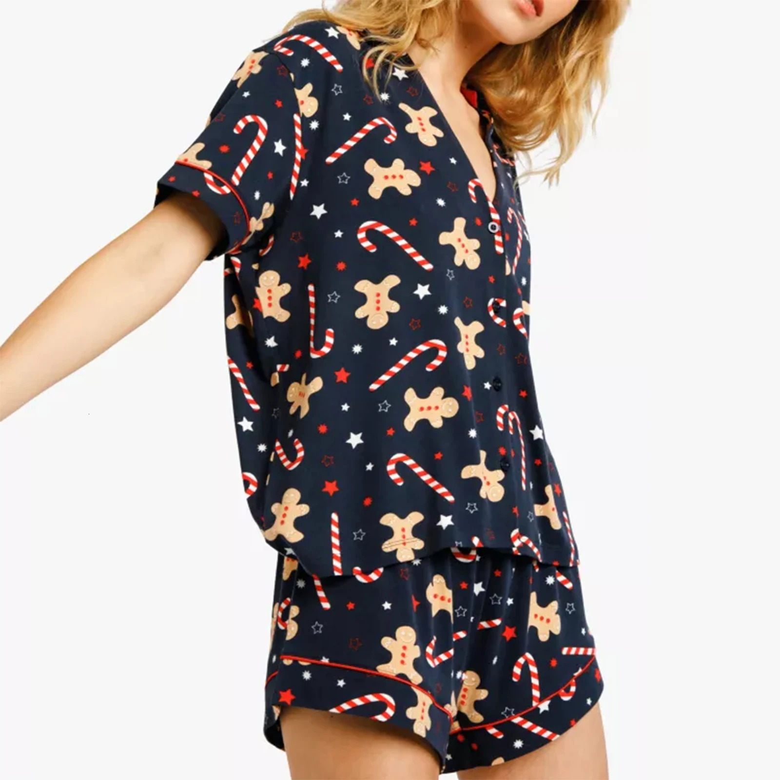 HEZIOWYUN Womens 2Piece Christmas Pajamas Set Gingerbread Man Print Short Sleeve Button Closure Shirt Shorts Sleep Loungewear 241127