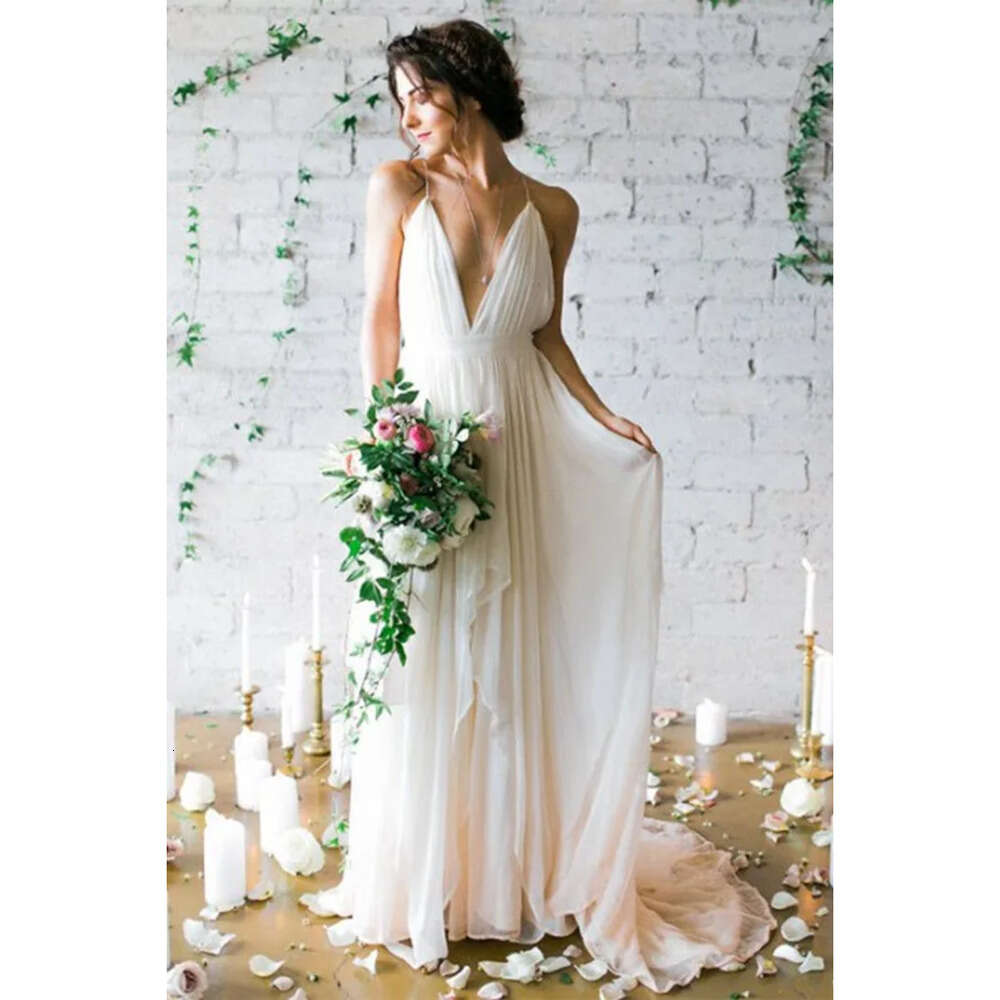 V Neck Deep Sweep Simple Train Wedding Dresses With Straps Sex Flow Chiffon Backless Beach Bridal Gowns