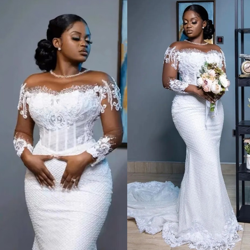 Arabic Dubai Wedding Dresses Ral Lace Illusion Scoop Neck Long Sleeves Bridal Gowns Sweep Train Vestidos De Novia Formal Pearls Brides Dress Plus Size