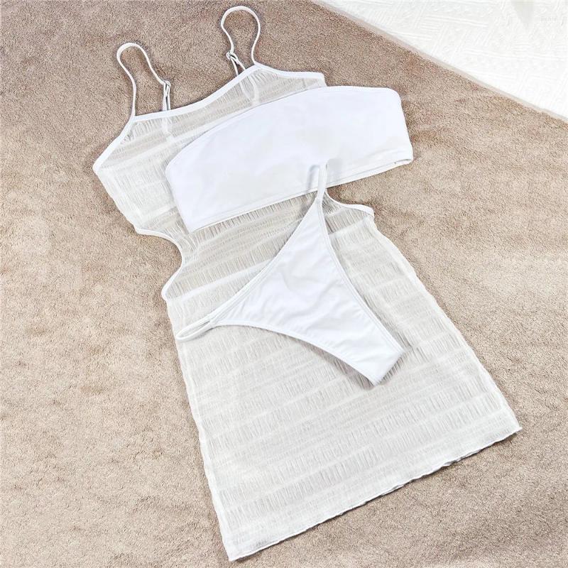 Womens Swimwear Bikini Set Sexy White Mesh With Cover Up 3 Piece Bandeau Micro Thong Swimsuit Beach Swimming Wear Bathing Bikinis Mujer