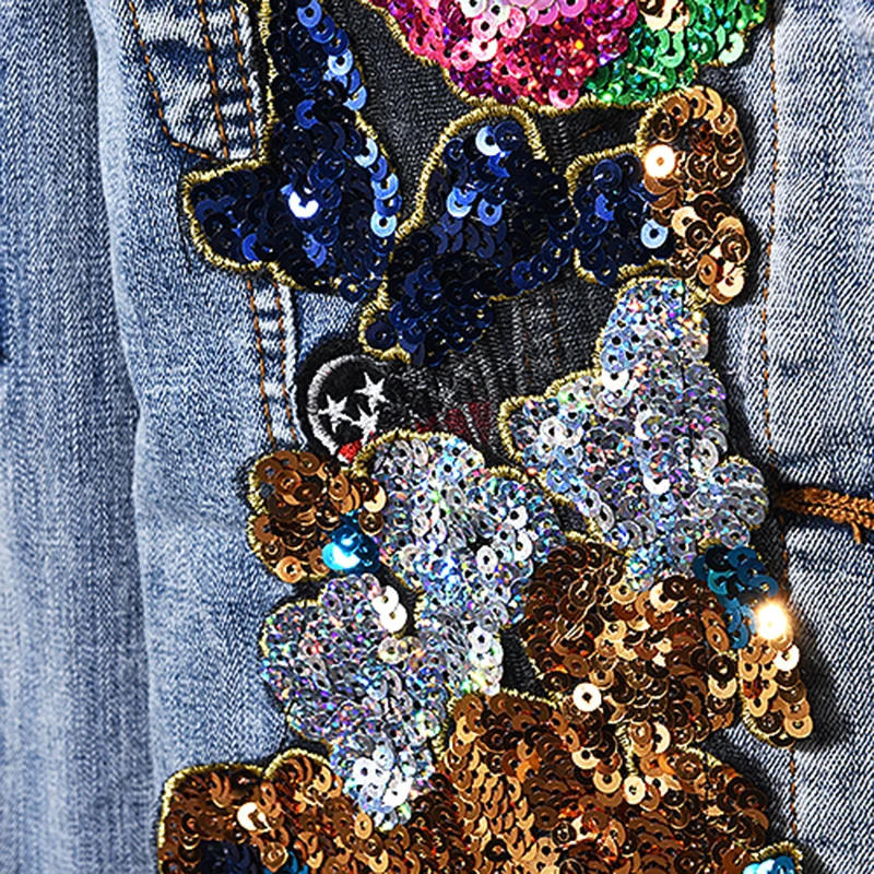 European Style Denim Suit Fashion Outfit Women Flower Sequined Denim Jacket Short Jacket Jeans Pants Two-Piece Set Female 240419