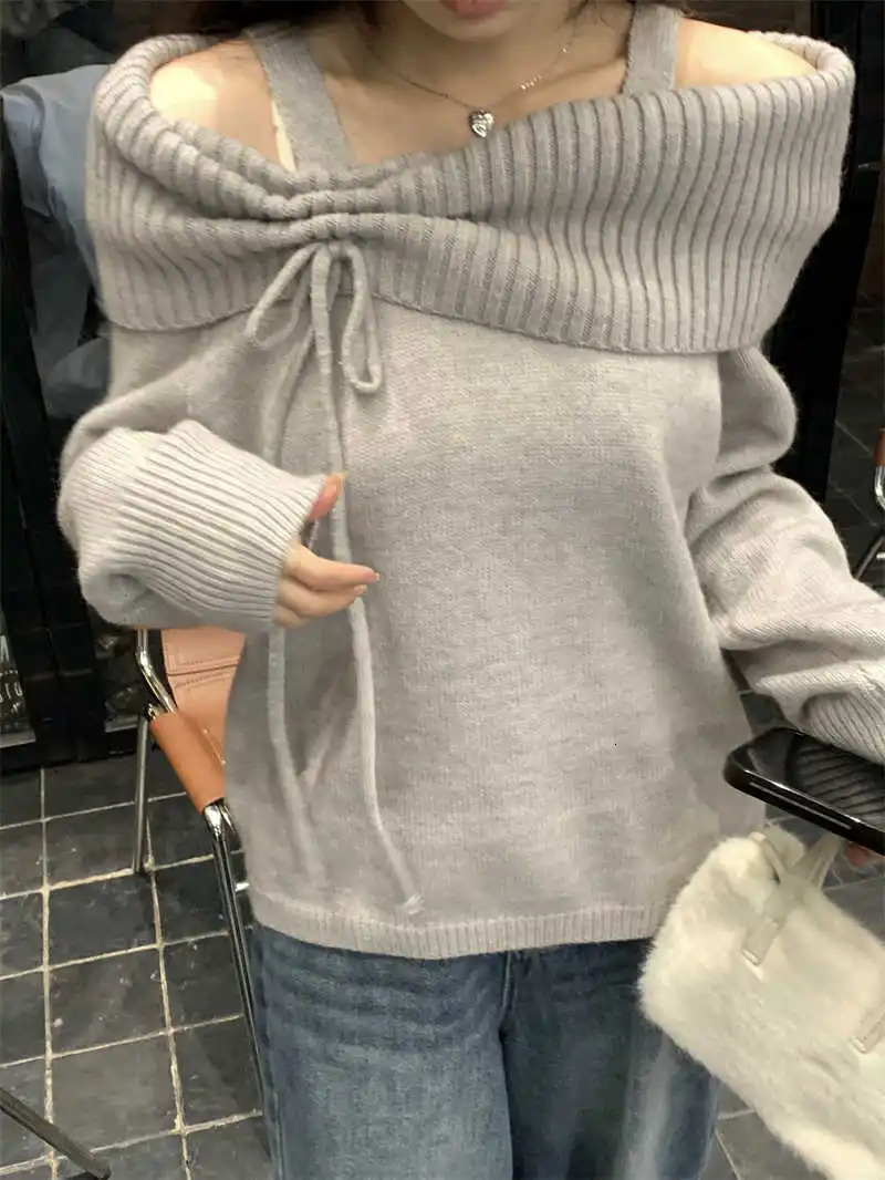 Winter Women Korean Fashion Pullovers Slash Neck er Knitwear Gyaru Long Sleeve Coquette Sweater Jumper 2000s s Y2k 241127