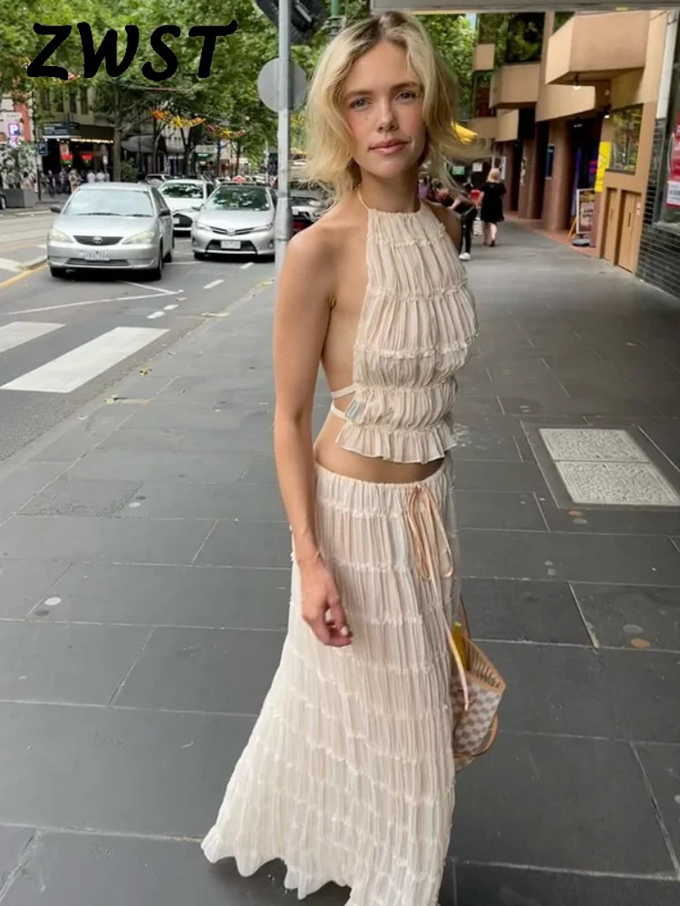 Sexy Folds Halter Top Skirt Sets Women Fashion Spring Summer Beach Backless Sling High Waist Skirts Female 2 Piece 240423