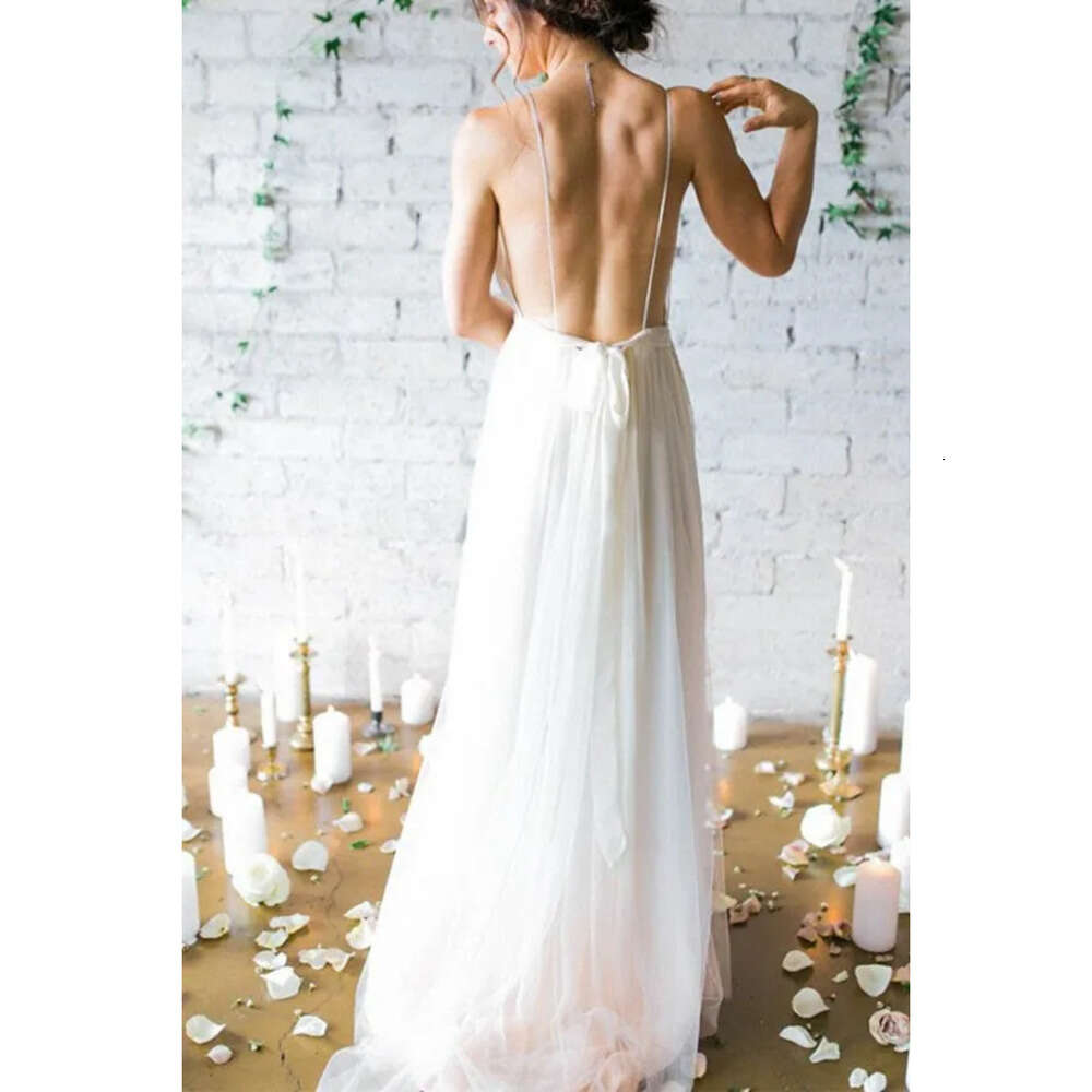 V Neck Deep Sweep Simple Train Wedding Dresses With Straps Sex Flow Chiffon Backless Beach Bridal Gowns