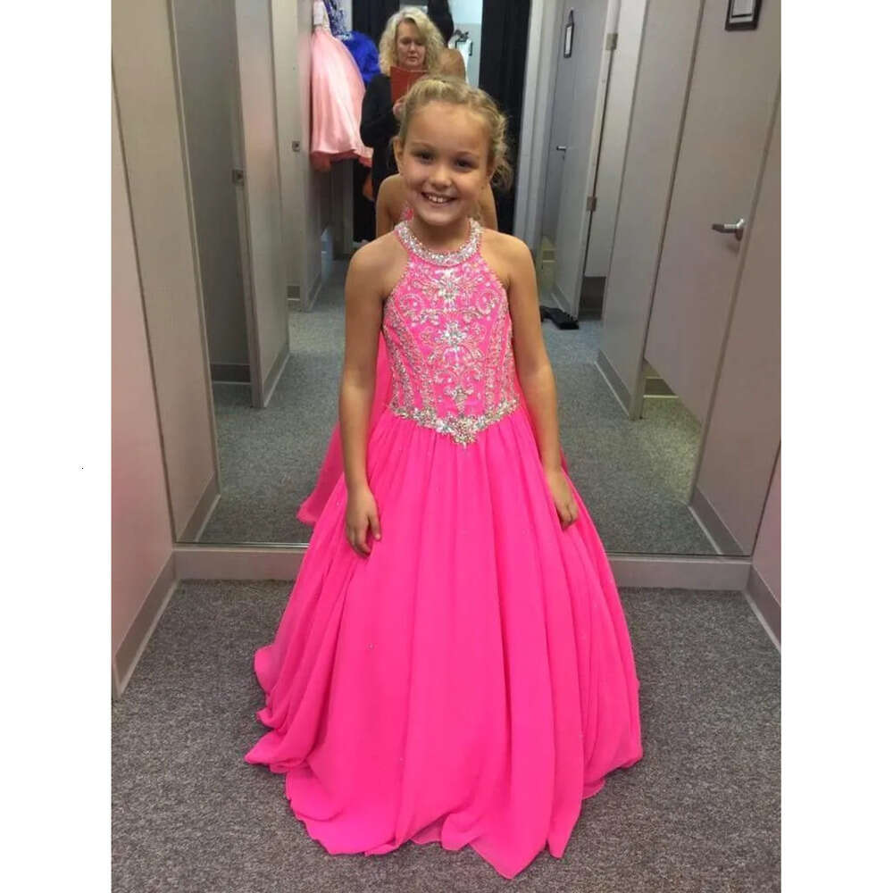 Chiffon Beaded Girls Halter Fuchsia Rhinestones Top A Line Floor Length Girl S Pageant Dresses Ba