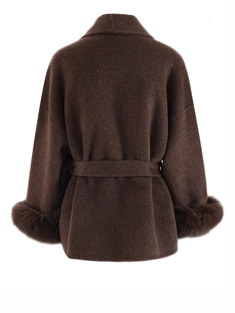 EAM Wine Red Fur Cuff Big Size Belted Woolen Coat Lapel Long Sleeve Women Jacket Fashion Autumn Winter 2024 CPG2347 241121