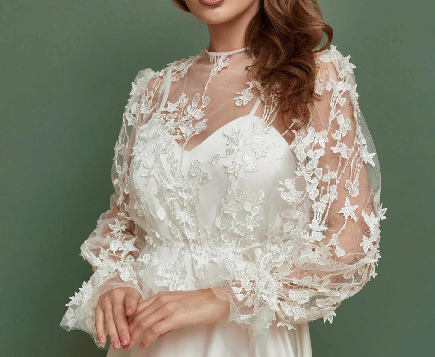 Elegant Wedding Jacket Lace 3D Flowers Bridal Cape Long Sleeves Wraps Button White Ivory Accessories Bolero Custom Made Plus Size