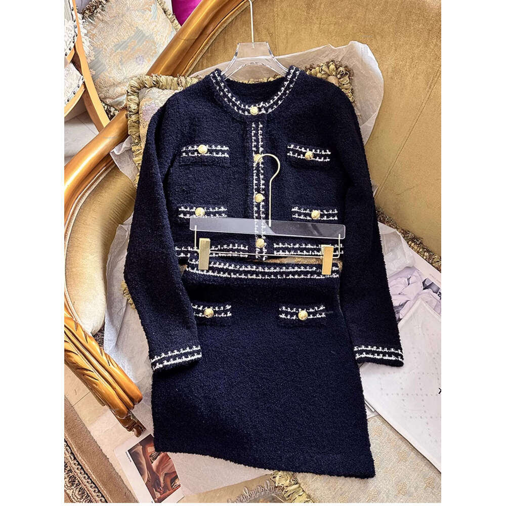 Free Shipping Navy Blue Short Cardigans Designer Metal Buttons Women's Knitting Jackets And Skirts Sets 317001