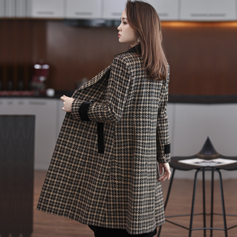 Women's Wool Blends Women's Medium Length Woolen Coat Autumn Korean Slim Coats Thousand Bird Check Double Breasted Suit Collar Coat 231010