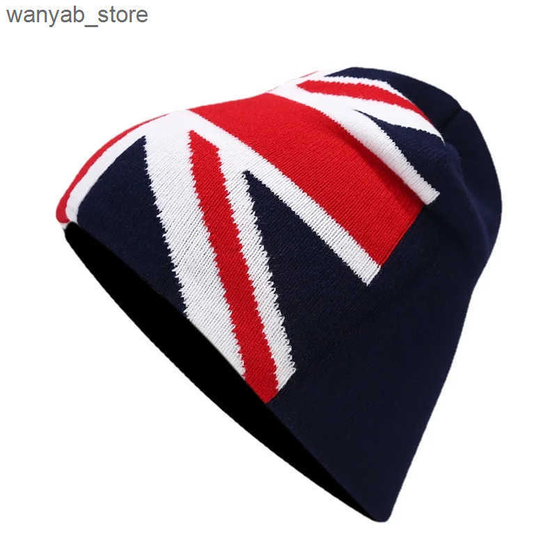 Beanie/Skull Caps Fashionable British Flag Printed Winter Beanies Hat Womens Bicycle Skiing Hat Autumn Outdoor Knitted Hat Womens Warm Glasses L240910