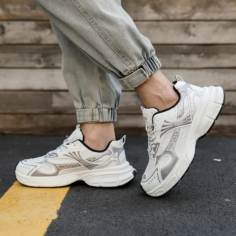 Free shipping white mesh athletic sneakers with striped detail thick cushioned sole non-slip outsole comfortable breathable versatile casual sports sh