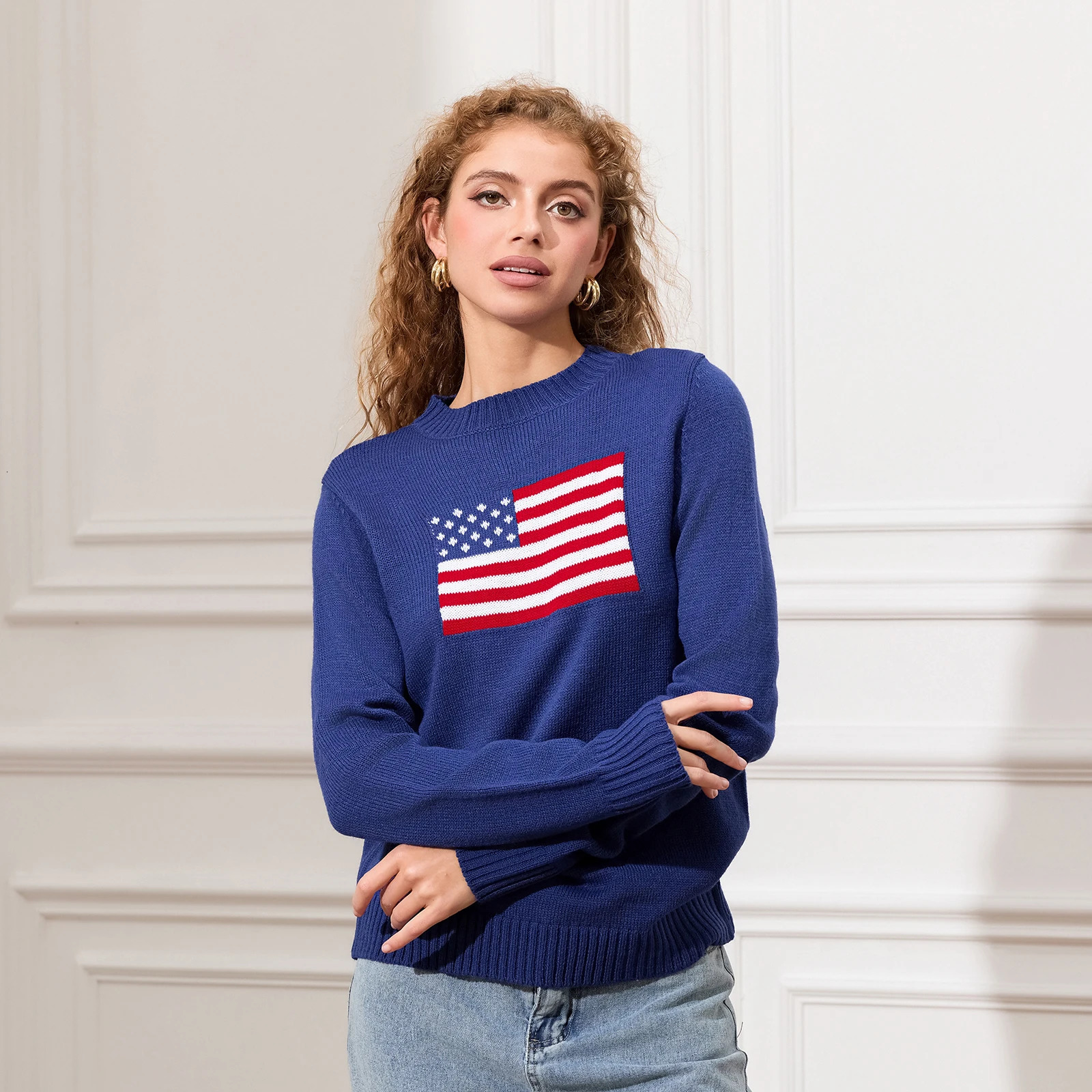 Combhasaki Womens Y2K American Retro Vintage Flag Sweaters Casual Long Sleeve Crew Neck Loose Fit Knit Pullover Jumper Tops 241127
