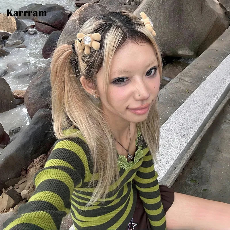 Karrram Japanese Y2k Green Striped Pullover Vintage 2000s Style Lace Knitted Tops Harajuku Fairycore V-neck Slim Sweater Elegant 241127