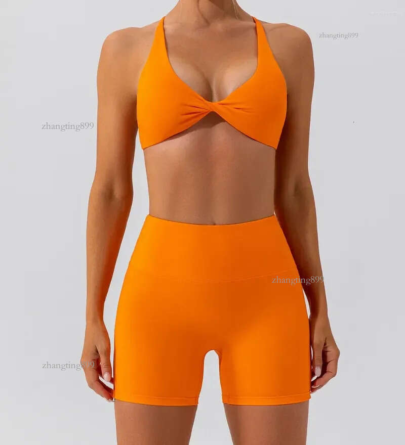 Active Sets Women's Spring/Summer Naked Yoga Clothes Shorts Two Piece Set For Fitness Running Quick Drying Sports